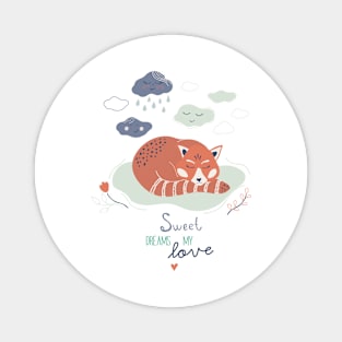 Cute poster with sleeping red panda and clouds Magnet